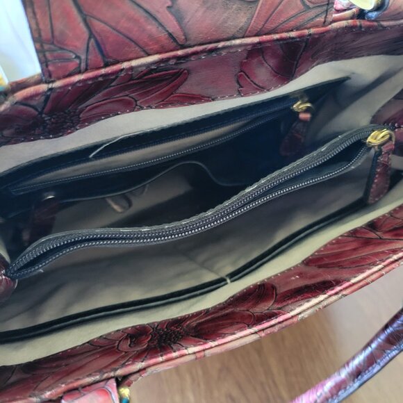 Vintage Brahmin Leather Purse Satchel, Embossed Floral all-over pattern Burgundy - Picture 13 of 16
